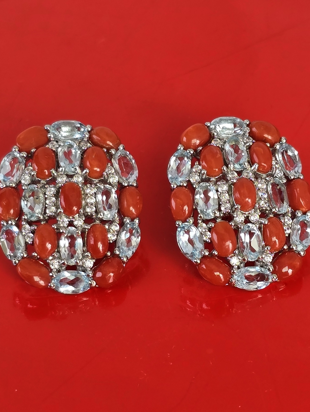 925 Sterling Silver Earrings 1.8x2.4cm with Natural Red Coral & Aquamarine Gems
